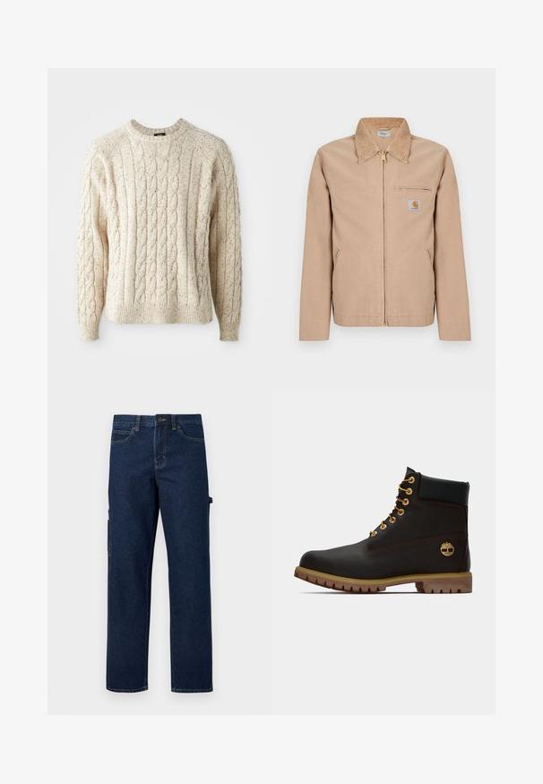 Beige Jacke mit Reißverschluss, spitzem Kragen, zwei Seitentaschen, Brusttasche mit Reißverschluss und kleinem Carhartt-Logopatch auf der linken Brust.; Cremfarbener Kabelstrickpullover mit Rundhalsausschnitt, strukturiertem Muster und gerippten Bündchen und Saum. Hergestellt aus weicher, dicker Wolle.; Dunkelblaue Denim-Cargohosen mit geraden Beinen, Seitentaschen und kontrastierenden Nähten. Verfügt über einen Knopfverschluss und Gürtelschlaufen.; Schwarze Leder-Ankle-Boots mit goldenen Ösen, braunen Akzenten und einer Gummisohle. Verfügt über einen gepolsterten Schaft und ein geprägtes Logo an der Seite.