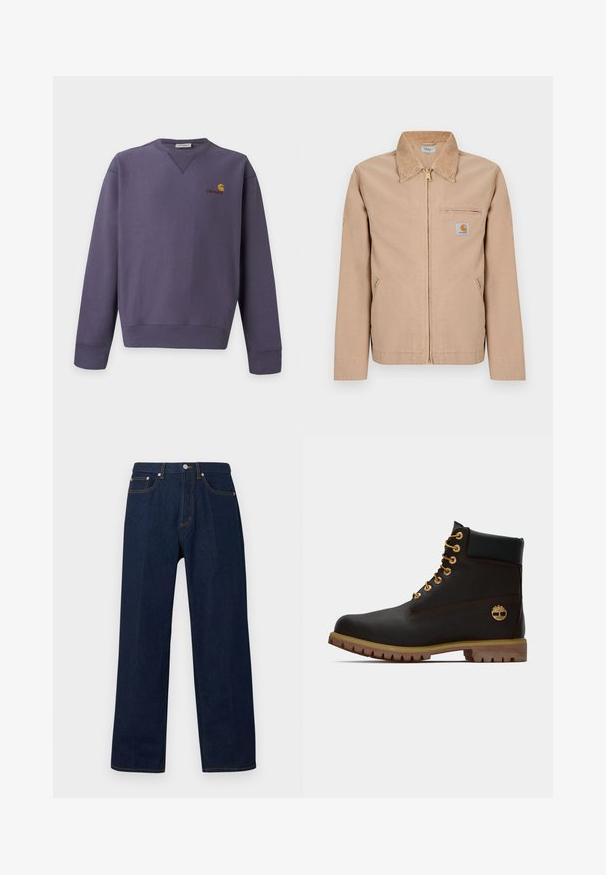 Veste beige zippée avec col pointu, deux poches latérales, une poche zippée sur la poitrine et une petite étiquette logo Carhartt sur la poitrine gauche.; Sweat-shirt violet col rond avec manches longues et petit logo Carhartt jaune et rouge sur la partie supérieure gauche de la poitrine.; Jean en denim bleu foncé à coupe droite, avec bouton sur le devant, fermeture éclair et style cinq poches sur un fond uni.; Bottine noire en cuir avec œillets dorés, accents marron et semelle en caoutchouc. Comprend un col rembourré et un logo estampé sur le côté.