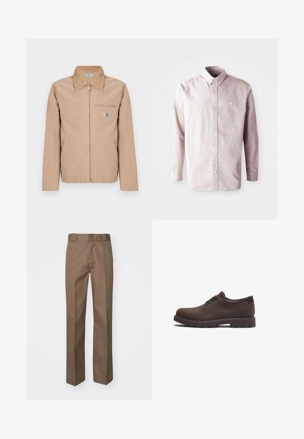 Chaqueta beige con cremallera, cuello puntiagudo, dos bolsillos laterales, bolsillo con cremallera en el pecho y pequeño parche con el logo de Carhartt en el lado izquierdo del pecho.; Camisa de manga larga rosa claro, de botón, hecha de algodón, con un collar clásico, botones frontales y un pequeño logo en el lado izquierdo del pecho.; Pantalones marrones con un diseño de frente plano, piernas rectas y una cinturilla clásica. Hechos de un tejido duradero, sin patrones visibles ni adornos.; Zapatos de cuero marrón con puntera redondeada y diseño de cordones. Presentan una superficie texturizada y una suela de goma de alta tracción. Logo sutil en el lado.