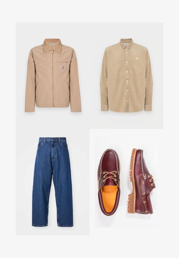 Beige Jacke mit Reißverschluss, spitzem Kragen, zwei Seitentaschen, Brusttasche mit Reißverschluss und kleinem Carhartt-Logopatch auf der linken Brust.; Beige Cordhemd mit Knöpfen, Kragen, weißen Knöpfen und kleinem Logo auf der linken Brustseite. Mit langen Ärmeln und geradem Schnitt.; Weite Jeans aus Denim in Dunkelblau. Hohe Taille, Gürtelschlaufen und klassisches Fünf-Taschen-Design. Gestickter Saum mit sauberem Finish.; Bordeauxfarbene Lederschuhe mit braunen Gummisohlen, runder Zehenform, weißen Nähten und goldenen Ösen. Das Innenfutter weist eine gelbe Beschichtung auf.