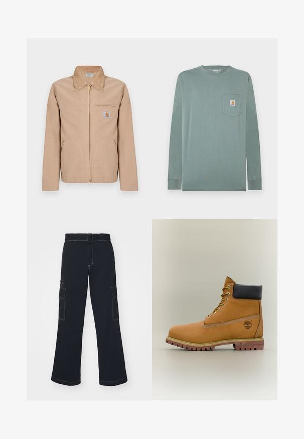Veste beige zippée avec col pointu, deux poches latérales, une poche zippée sur la poitrine et une petite étiquette logo Carhartt sur la poitrine gauche.; Chemise à manches longues en coton vert clair avec un col rond, dotée d'une poche poitrine gauche et d'un écusson logo en orange et blanc.; Pantalon cargo noir à jambes larges, doté de deux poches latérales, de coutures contrastantes et d'une taille standard. Matière en coton doux.; Bottine en cuir marron avec col noir, lacets jaunes et semelle beige. Présente un logo et des détails de couture blanche. Semelle extérieure à traction robuste.