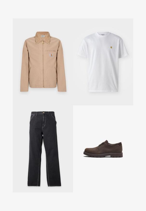 Chaqueta beige con cremallera, cuello puntiagudo, dos bolsillos laterales, bolsillo con cremallera en el pecho y pequeño parche con el logo de Carhartt en el lado izquierdo del pecho.; Camiseta de algodón blanca con mangas cortas, cuello redondo, que presenta un pequeño logo dorado en la parte izquierda del pecho. Textura suave y corte regular.; Vaqueros negros de pierna recta con bolsillos delanteros, trabillas para el cinturón y costuras blancas visibles sobre un fondo liso gris claro.; Zapatos de cuero marrón con puntera redondeada y diseño de cordones. Presentan una superficie texturizada y una suela de goma de alta tracción. Logo sutil en el lado.