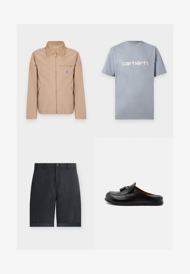 Beige Jacke mit Reißverschluss, spitzem Kragen, zwei Seitentaschen, Brusttasche mit Reißverschluss und kleinem Carhartt-Logopatch auf der linken Brust.; Hellblaues T-Shirt mit kurzen Ärmeln aus Baumwolle, mit dem "carhartt."-Logo in kontrastierender heller Farbe quer über der Brust. Einfaches Design.; Schwarze knielange Shorts mit umgeschlagenen Säumen, Knopfverschluss, Gürtelschlaufen und flachem Vorderdesign auf einfachem weißem Hintergrund.; Schwarzer lederner Slipper ohne Ferse mit Quasten oben, von der Seite auf hellem, einfarbigem Hintergrund dargestellt.