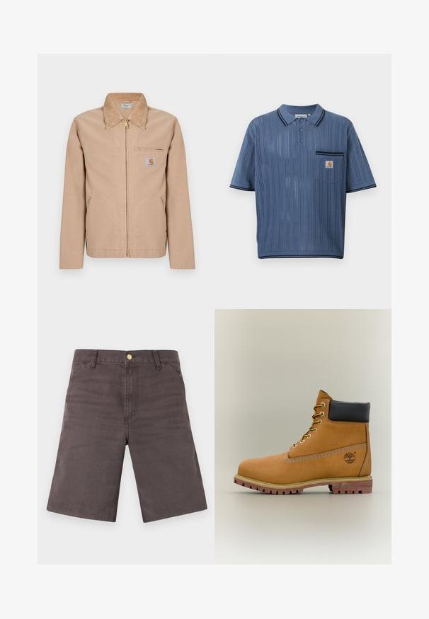 Veste beige zippée avec col pointu, deux poches latérales, une poche zippée sur la poitrine et une petite étiquette logo Carhartt sur la poitrine gauche.; Polo en maille bleu avec rayures verticales ajourées, patte de boutonnage à trois boutons, poche poitrine avec logo Carhartt et bordures noires sur le col et les manches.; Shorts gris foncé longueur genou avec poches avant, passants pour ceinture et fermeture à bouton métallique sur un fond clair.; Bottine en cuir marron avec col noir, lacets jaunes et semelle beige. Présente un logo et des détails de couture blanche. Semelle extérieure à traction robuste.