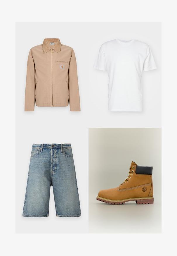 Beige Jacke mit Reißverschluss, spitzem Kragen, zwei Seitentaschen, Brusttasche mit Reißverschluss und kleinem Carhartt-Logopatch auf der linken Brust.; Weißes Baumwoll-T-Shirt mit kurzen Ärmeln, Rundhalsausschnitt und glatter Textur. Einfaches Design ohne Muster oder Grafiken.; Denim-Shorts mit einem hellblauen Finish, fünf Taschen-Design und geradem Schnitt. Robustes Material mit sichtbaren Nähten und einem Knopfverschluss.; Brauner Leder-Stiefelette mit schwarzem Kragen, gelben Schnürsenkeln und hellbrauner Sohle. Verfügt über ein Logo und weiße Ziernähe. Robuste Profilsohle.