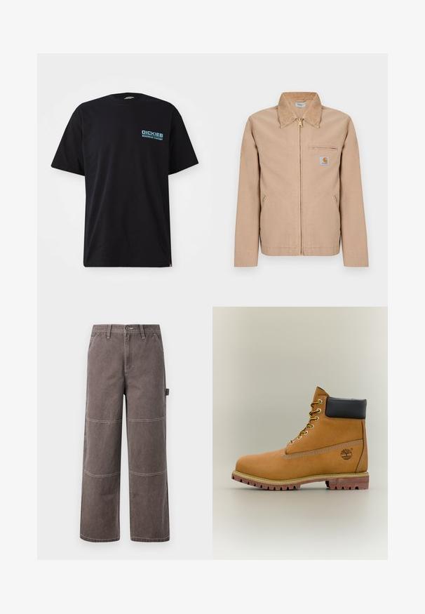Beige jas met ritssluiting, spitse kraag, twee zijzakken, een borstzak met ritssluiting en een klein Carhartt-logo op de linkerborst.; Zwarte katoenen t-shirt met korte mouwen, met een blauw "DICKIES WORKWEAR COMPANY" logo op de linkerkant van de borst. Standaard ronde hals.; Wijd been broek in een vervaagde bruine kleur, gemaakt van duurzaam materiaal met contrasterende stiksels. Kenmerkt paneeldetails en een zijzak.; Bruine leren enkellaars met zwarte kraag, gele veters en een zandkleurige zool. Voorzien van een logo en witte stikseldetails. Robuuste loopzool met grip.