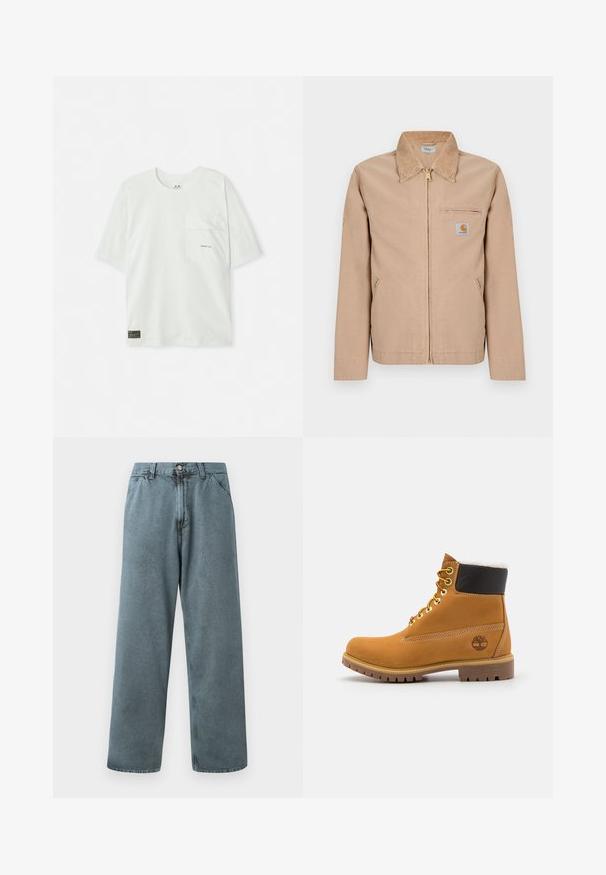 Veste beige zippée avec col pointu, deux poches latérales, une poche zippée sur la poitrine et une petite étiquette logo Carhartt sur la poitrine gauche.; T-shirt à manches courtes, vert clair, en coton. Présente une poche poitrine et un petit logo près de la poche. Texture douce, design décontracté.; Pantalon en denim bleu clair avec une coupe droite, présentant une fermeture à bouton classique et un design à cinq poches. Texture douce et détails de couture minimalistes.; Bottine en cuir brun avec œillets en métal, doublure en fourrure blanche, col rembourré noir, semelle robuste et logo en relief sur le côté.
