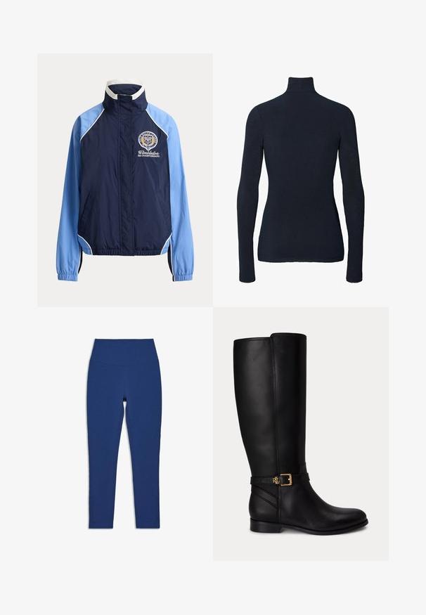 Veste zippée bleu marine et bleu clair avec bordure blanche, poignets élastiques et logo des Wimbledon Championships sur la poitrine gauche.; Pull à col roulé bleu marine à manches longues avec une silhouette ajustée et un design uni, montré de dos.; Leggings bleu marine taille haute avec une coupe ajustée et un détail perforé subtil le long de la partie inférieure extérieure des jambes.; Botte noire en cuir montante jusqu'au genou avec talon bas, boucle dorée et petit logo embossé sur la sangle latérale.
