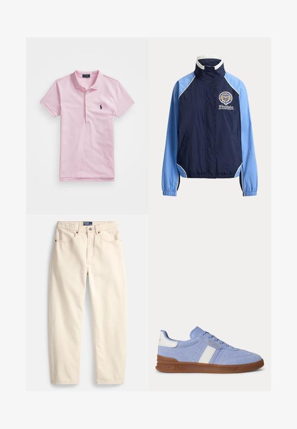 Marineblauwe en lichtblauwe jas met ritssluiting, witte biezen, elastische manchetten en Wimbledon Championships-logo op de linkerborst.; Roze poloshirt van katoen, met een klassieke kraag, drie knopen, korte mouwen en een klein marineblauw logo op de borst.; Spijkerbroeken in crèmekleur, gemaakt van denim, met een rechte pijpsnit, zakken aan de voorkant en een detail van bovenstiksels. Metalen knoop- en ritssluiting.; Lichtblauwe sneaker met witte zijstreep, bruine zool en Polo-logo in reliëf op de zijkant en hieltab.