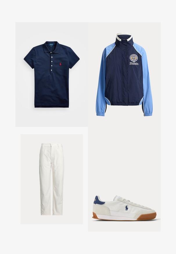 Chaqueta con cremallera azul marino y azul claro con ribete blanco, puños elásticos y logo de Wimbledon Championships en el pecho izquierdo.; Polo de color azul marino hecho de algodón, con mangas cortas, tapeta de tres botones y un logo bordado en rojo en el lado izquierdo del pecho.; Pantalones blancos de pierna recta con grandes bolsillos parche delanteros, trabillas para cinturón y cierre con botón en la cintura.; Zapatilla blanca de perfil bajo con suela de color beige, detalle en el talón azul marino y logo Polo azul marino bordado en el lateral.