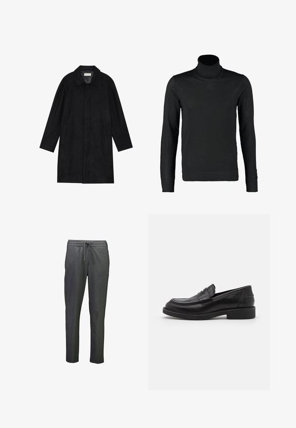 Sort frakke lavet af blød, struktureret stof. Har en krave, raglanærmer, sidelommer og en frontknaplukning.; Lindbergh ROLL NECK - Striktrøje - black; Grå træningsbukser med en tætsiddende pasform, der har en elastisk talje og snoretræk for justerbar komfort. Glat tekstur, minimalistisk design.; Sorte læder loafers med en rund tå, tonale syninger og en stropdetalje foran. Gummisål med en lav hæl.