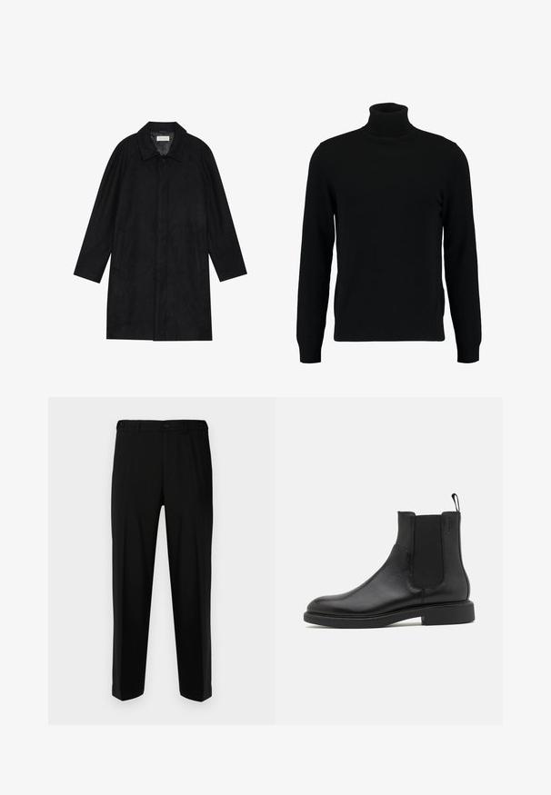 Sort frakke lavet af blød, struktureret stof. Har en krave, raglanærmer, sidelommer og en frontknaplukning.; Sort turtleneck sweater lavet af et blødt strikmateriale. Har lange ærmer, ribbet krave og kant. Enkel, slank design uden mønstre.; Sorte bukser lavet af glat stof, med lige snit, to forlommer og lynlås med knaplukning.; Sort læder ankelstøvle med glat overflade, elastiske sidepaneler og en trækstrop. Rund tå og flad gummisål med minimal mønster.