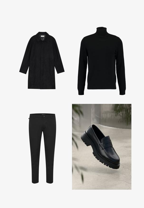 Sort frakke lavet af blød, struktureret stof. Har en krave, raglanærmer, sidelommer og en frontknaplukning.; Sort turtleneck sweater lavet af et blødt strikmateriale. Har lange ærmer, ribbet krave og kant. Enkel, slank design uden mønstre.; Sorte bukser lavet af glat stof. Har en knaplukning, bæltesløjfer og et slim fit-design med tapered ben. Ingen synlige mønstre.; Sorte læder loafers med en chunky sål, der har en dekorativ rem og syninger. Glat tekstur med en poleret overflade.