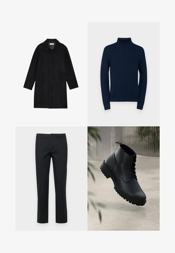 Manteau noir en tissu doux et texturé. Présente un col, des manches raglan, des poches latérales et une fermeture à boutons sur le devant.; Pull col roulé marine avec un motif texturé, des manches longues et un col et des poignets côtelés, fabriqué à partir d'un matériau tricot léger.; Pantalons de costume noir charbon en tissu texturé, présentant une coupe droite, des passants de ceinture et une fermeture à bouton à l'avant.; Bottines en cuir noir avec un bout rond, un laçage, et une semelle en caoutchouc robuste. Texture lisse avec une languette à l'arrière.