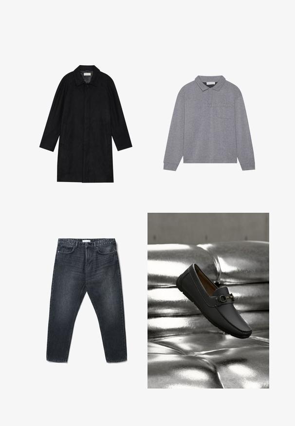 Schwarzer Mantel aus weichem, strukturiertem Stoff. Besitzt einen Kragen, Raglansärmel, seitliche Taschen und einen vorderen Knopfverschluss.; Graues Langarm-Polohemd aus weichem Stoff, mit Kragen, einer Knopfleiste mit drei Knöpfen und einer Brusttasche. Einfaches Design ohne Muster.; Schwarze Jeans aus Denim mit geradem Schnitt, fünf Taschen und dezenter Verwaschung. Enthält einen Knopf- und Reißverschluss sowie Gürtelschlaufen.; Schwarzer Leder-Slipper mit Metall-Schnallendetail, der über einer glänzenden silbernen Ledercouch schwebt.