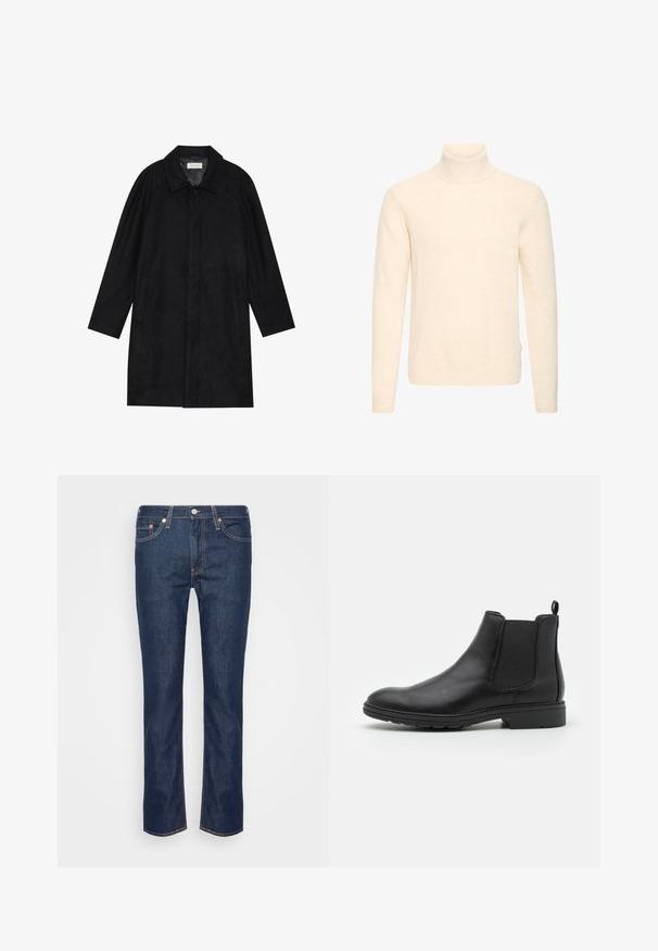 Manteau noir en tissu doux et texturé. Présente un col, des manches raglan, des poches latérales et une fermeture à boutons sur le devant.; Pull à col roulé à manches longues couleur crème, avec col, poignets et ourlet côtelés, présenté sur fond blanc uni.; Jean en denim droit bleu foncé avec des coutures orange, cinq poches, et une fermeture à bouton et à zip à l'avant.; Bottines Chelsea en cuir noir avec des panneaux élastiques sur les côtés et une languette, présentant un bout arrondi et une semelle en caoutchouc texturée.