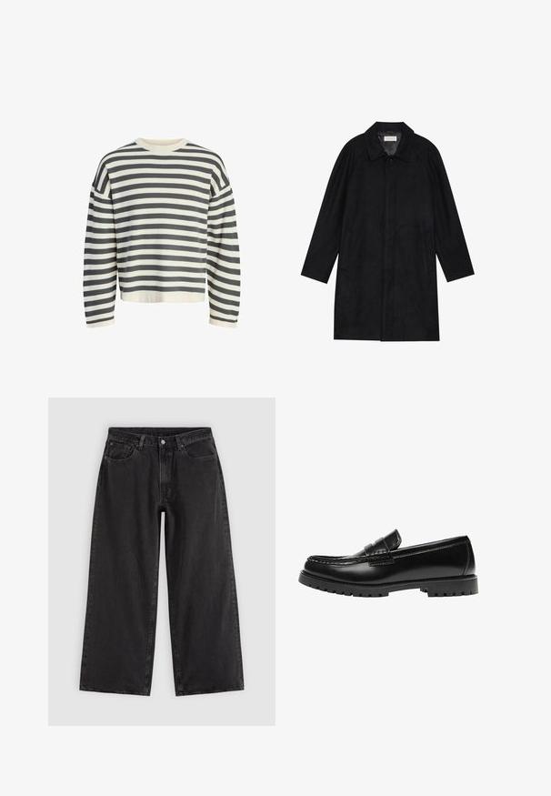 Manteau noir en tissu doux et texturé. Présente un col, des manches raglan, des poches latérales et une fermeture à boutons sur le devant.; Pull rayé en crème et gris foncé, avec un col rond côtelé, des manches longues et une coupe décontractée avec un ourlet court.; Jean en denim noir à jambes larges avec poches avant, passants pour ceinture et fermeture par boutons, présenté sur un fond clair uni.; Mocassin en cuir noir avec une semelle en caoutchouc épaisse et un détail classique de bride à monnaie, vu de côté extérieur.