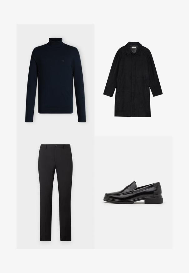 Manteau noir en tissu doux et texturé. Présente un col, des manches raglan, des poches latérales et une fermeture à boutons sur le devant.; Pull noir à col roulé manches longues avec col, poignets et ourlet côtelés, présenté sur un fond blanc uni.; Pantalon noir sur mesure avec une coupe droite, doté d'une fermeture à bouton et de passants pour ceinture. Confectionné dans un tissu lisse sans motifs apparents.; Mocassins en cuir noir avec un embout arrondi, présentant un détail cousu sur le dessus, et un petit talon carré. Texture lisse et finition brillante.
