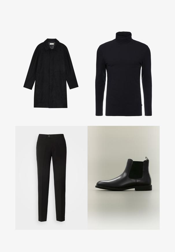 Manteau noir en tissu doux et texturé. Présente un col, des manches raglan, des poches latérales et une fermeture à boutons sur le devant.; T-shirt noir à manches longues et col roulé en tissu doux et extensible. Présente un design ajusté et une texture lisse. Aucun motif ni accent visible.; Pantalons droits noirs en tissu lisse, dotés d'une fermeture à bouton et de poches latérales avec un design classique.; Botte Chelsea en cuir noir avec panneaux latéraux élastiques et languette sur un fond neutre, vue de profil latéral.