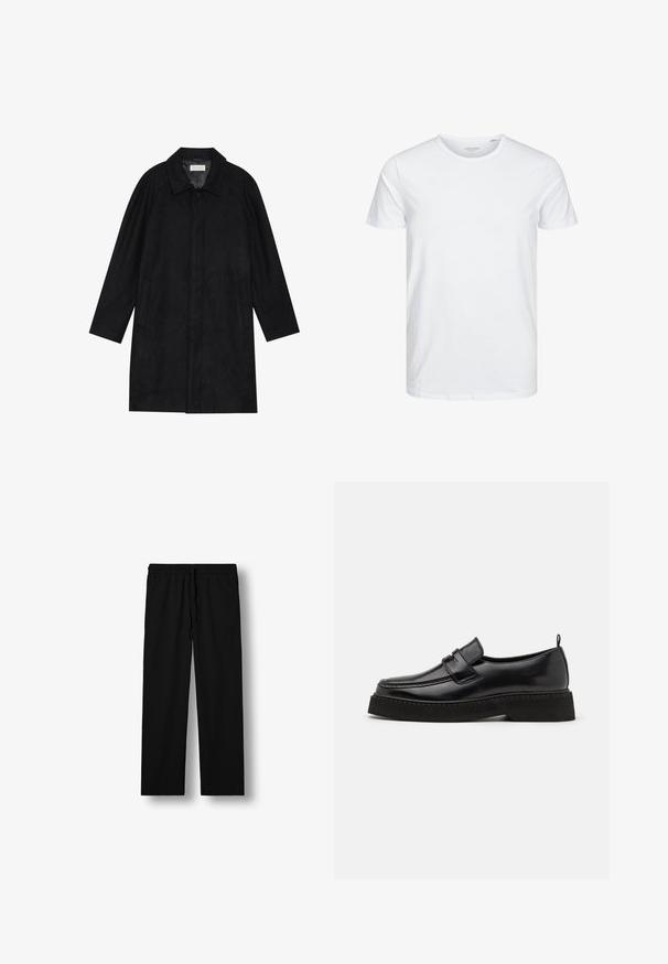 Manteau noir en tissu doux et texturé. Présente un col, des manches raglan, des poches latérales et une fermeture à boutons sur le devant.; T-shirt à col rond à manches courtes de couleur blanche unie, fabriqué en coton doux, avec un design simple sans motifs ni accents visibles.; Pantalon noir droit avec taille élastique et cordon, doté de poches latérales, présenté sur fond blanc.; Chaussures en cuir noir de style mocassin avec une semelle plate et texturée, présentant un bout piqué et une sangle traversant le cou-de-pied.