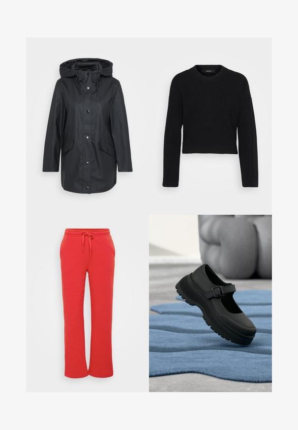 Sort vandtæt jakke med hætte, frontknapper og to sidelommer. Glat tekstur, normal pasform og længde til midten af låret.; Sort cropped sweater lavet af strikket stof. Har en rund halsudskæring, lange ærmer og en tekstureret overflade med en tætsiddende pasform ved kanten.; Røde joggebukser lavet af blød bomuld, med en elastisk talje med snøre og et lige ben-design. Glat tekstur.; Sort Mary Jane-stil sko med tyk ribbet sål og spænde, hvilende på tekstureret blåt tæppe med sløret baggrund.