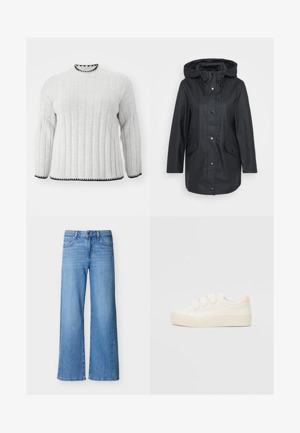 Sort vandtæt jakke med hætte, frontknapper og to sidelommer. Glat tekstur, normal pasform og længde til midten af låret.; Lys grå ribbet sweater med lange ærmer, der har en sort kant ved den høje halsudskæring og kanten. Blød tekstur og afslappet design.; Lyseblå denimjeans med vid ben, for- og lynlåslukning samt lommer foran og bagpå.; Hvide sneakers med en glat læderlignende overdel, tre velcrostropper, rund tå og en tekstureret gummisål. Bagakcent i beige.