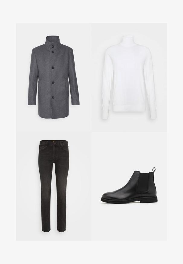 Grå uldfrakke med høj krave, der har seks sorte knapper, sidelommer og lige snit. Glat tekstur, skræddersyet design.; Hvid turtleneck sweater med lange ærmer, lavet af glat stof. Har et tætsiddende design og ribbede manchetter og kant. Ingen mønstre eller accenter.; Slim-fit sorte denim jeans med fem lommer, bæltestropper, knaplukning og subtil forvitring på lår og knæ.; Sorte læder Chelsea støvler med elastiske sidepaneler og en træksløjfe. Rund tå og flad gummisål, der fremviser en glat finish.