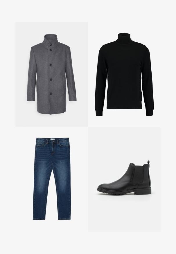 Grå uldfrakke med høj krave, der har seks sorte knapper, sidelommer og lige snit. Glat tekstur, skræddersyet design.; Sort turtleneck sweater lavet af et blødt strikmateriale. Har lange ærmer, ribbet krave og kant. Enkel, slank design uden mønstre.; Mørkeblå slim-fit jeans med falmede detaljer, klassisk fem-lomme design, knappelukning og bæltestropper.; Sort læder Chelsea-boot med elastiske sidepaneler og en løftestrop, der har en rund tå og en tekstureret gummisål.