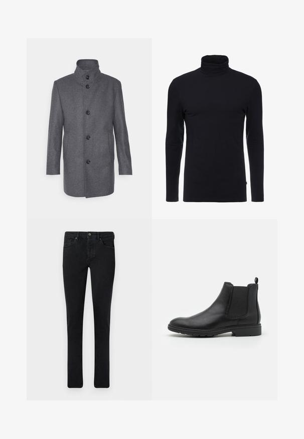 Grå uldfrakke med høj krave, der har seks sorte knapper, sidelommer og lige snit. Glat tekstur, skræddersyet design.; Sort langærmet turtleneck skjorte lavet af blødt, strækbart stof. Har et tætsiddende design og en glat tekstur. Ingen synlige mønstre eller accenter.; Mørk denim jeans med slim fit, fem lomme-design og metalknaplukning. Glat tekstur og jævn farve gennem hele stoffet.; Sort læder Chelsea-boot med elastiske sidepaneler og en løftestrop, der har en rund tå og en tekstureret gummisål.
