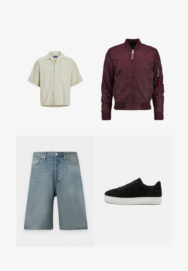Veste bomber bordeaux en tissu lisse ; dotée d'un zip avant, de poignets côtelés, de poches latérales et d'une poche utilitaire avec un ruban rouge.; Chemise à manches courtes en lin beige avec un devant boutonné, présentant des détails en œillets le long du centre et des poignets. Ourlet droit.; Shorts en denim bleu clair avec une coupe ample, cinq poches et une fermeture à bouton classique, avec des patches décolorés pour un aspect usé.; Baskets en suede noir avec semelle en caoutchouc blanche, bout rond et lacets noirs. Texture lisse avec un design minimaliste et sans motifs visibles.