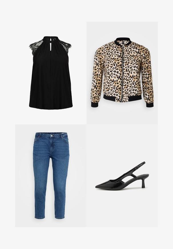 Veste bomber en imprimé léopard dans des teintes beige, noir et crème, avec une fermeture éclair sur le devant, des poignets et un ourlet côtelés. Tissu doux avec une texture lisse.; Haut noir sans manches avec manches courtes en dentelle, col montant avec fermeture à bouton, et détail à découpe en forme de goutte à l'avant.; Jeans en denim bleu avec taille mi-haute, design à cinq poches et coupe droite. Présente des surpiqûres et des accents en métal.; Escarpins noirs à talon ouvert avec un embout pointu, fabriqués en matériau brillant, présentant des accents découpés et un talon modéré pour un bon soutien.