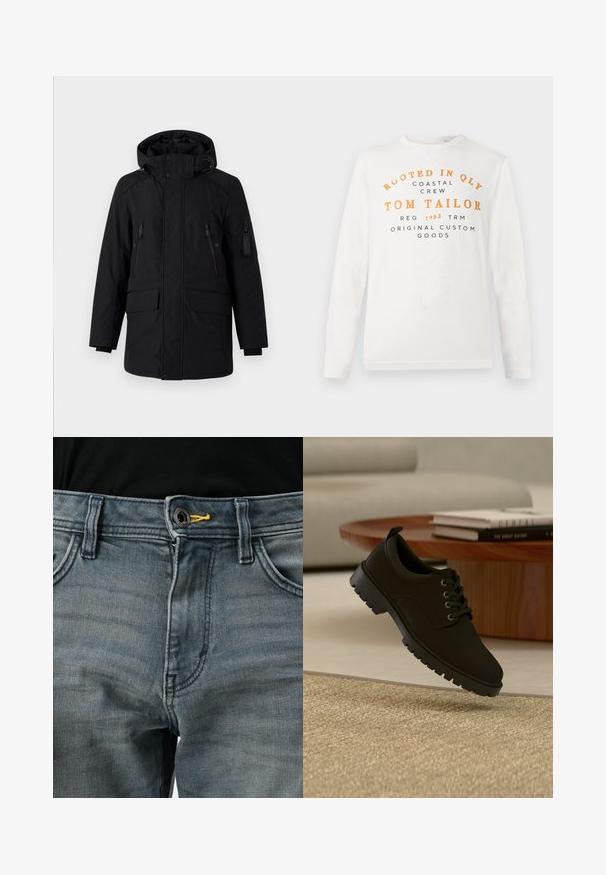 TOM TAILOR SNOW COAT - Wintermantel - black; Weißes Langarmshirt mit orangefarbener und schwarzer Schrift, auf der steht: "Rooted in QLY Coastal Crew Tom Tailor Reg 1962 TRM Original Custom Goods".; Verblasste blaue Jeans aus Denim mit einem Knopfverschluss, gelben Akzenten am Bund und klassischem Fünf-Taschen-Design. Die Textur wirkt weich und abgenutzt.; Schwarzer Leder-Schnürschuh mit klobiger Sohle, der über einem beigen Teppich in einem minimalistischen Wohnzimmer schwebt