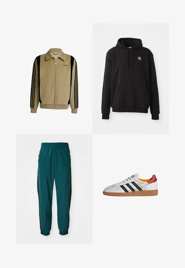 Beige Cordjacke aus Cord mit Reißverschluss, schwarzen Streifenakzenten an den Ärmeln, hohem Kragen und besticktem Logo auf der linken Brust.; Schwarzer Baumwoll-Hoodie mit Kängurutasche, weißem Adidas-Logo, gerippten Bündchen und Saum, mit verstellbarem Kapuzenzug und gestickten Akzenten.; Türkise Sporthose mit einem Kordelzugbund, elastischen Bündchen und seitlichen schwarzen Streifen. Hergestellt aus leichtem Stoff und mit einem Logo in der Nähe der Hüfte.; Weißer Adidas Spezial Sneaker mit schwarzen Streifen, Gummisohle, gestepptem Muster, rotem Fersenlaschen und gelber Innenausstattung, Seitenansicht.