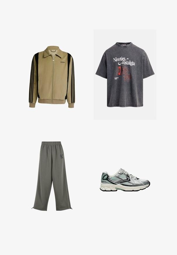 Beige corduroy jack met ritssluiting, zwarte strepen op de mouwen, een hoge kraag en een geborduurd logo op de linkerborst.; Antracietgrijze T-shirt in vintage stijl met de tekst "Nineties Nostalgia", een verwarde rode cassettebandgrafiek en het "Redefined Rebel"-logo.; Karl Kani KK OS SIDESTRIPE - Broek - grey; Witte en zilveren sportschoen met zwarte en lichtgroene accenten, mesh-panelen en een dikke gestructureerde rubberen zool, gericht naar rechts.