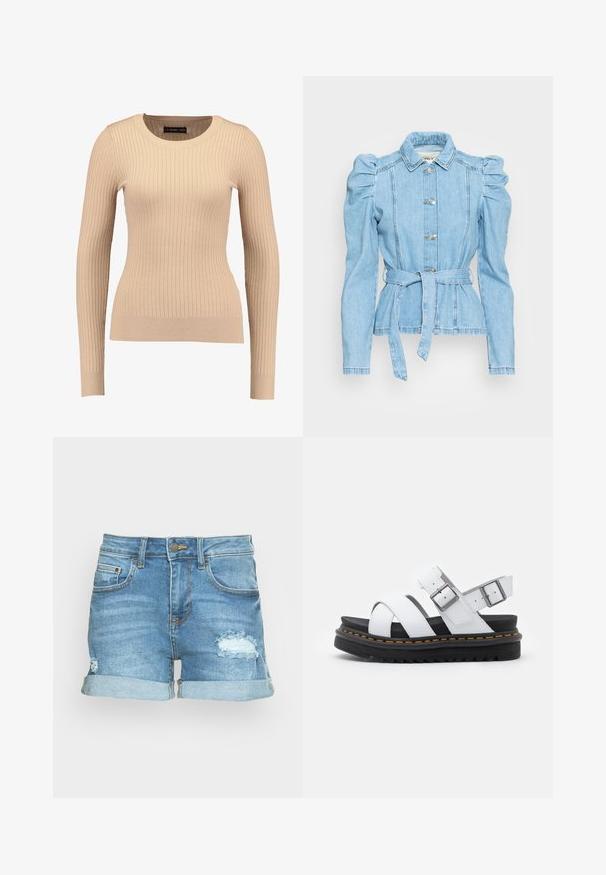 Lichtblauwe denimjas met opgeblazen mouwen, riem in de taille, vijf knopen en een gestructureerde kraag. Kenmerkend zijn de gedetailleerde stiksels en de getailleerde snit.; Geribbelde lange mouwen trui in lichtbeige, gemaakt van rekbaar materiaal. Kenmerkt zich door een ronde halslijn en een getailleerde pasvorm met gebande mouwen.; Lichtblauwe denim shorts met een distressed patroon. Voorzien van opgerolde zoom, voor- en achterzakken en een metalen knoopsluiting.; Witte leren sandalen met verstelbare gespsluitingen, gelaagde zwarte plateauzool en oranje stiksel langs de rand.