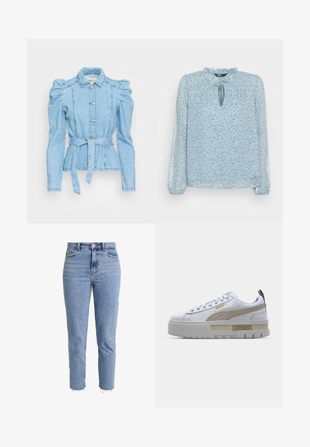 Chaqueta de mezclilla azul claro con mangas abullonadas, cintura ceñida, cinco botones y un cuello estructurado. Presenta costuras detalladas y un corte ajustado.; ONLY ONLDITSY BLOUSE - Blusa - dusty blue; Jeans de tiro alto en azul claro, hechos de denim, con corte recto, dobladillo deshilachado y un diseño minimalista sin adornos.; Zapatilla blanca con una prominente franja beige, suela gris gruesa y detalles en dorado. Presenta cordones redondos y una lengüeta texturizada con el logo.