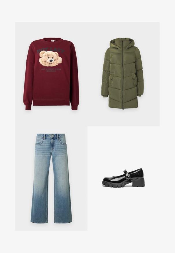 Olivengroene pufferjack met een capuchon, voorrits en zijzakken. Kenmerkt zich door een gestikt paneelontwerp en ribgebreide manchetten voor extra warmte.; Bordeaux sweatshirt met teddybeer graphic en de tekst "NIET LUI" en "GEWOON IN ENERGIEBESPARED BAREMODE" aan de voorkant, lange mouwen, geribbelde manchetten.; Lichtblauwe jeans met wijde pijpen en een vervaagde afwerking, voorzien van een knoopsluiting, vijf zakken en gestikte details langs de naden.; Zwarte gepatineerde leren Mary Jane-schoen met een chunky hak, ronde neus en een bandje met een hartvormige gesp.