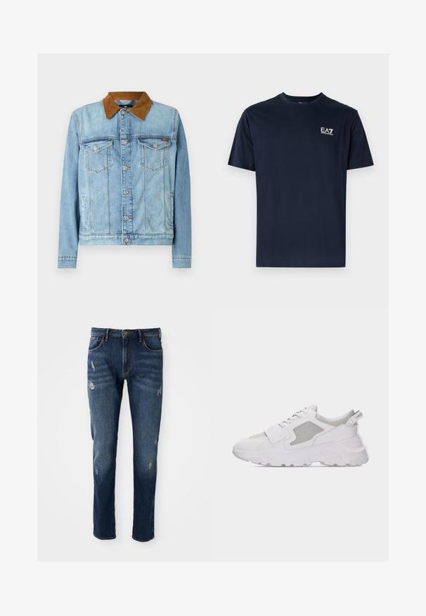 Lyseblå denimjakke med brunt fløjlskrage, to brystlommer, knaplukning og lange ærmer. Let falmet struktur.; Mørkeblå bomulds t-shirt med korte ærmer, rund udskæring og EA7-logo i hvid på øverste venstre side. Glat tekstur, afslappet design.; Mørkeblå denimjeans med slim fit, let slid på lår og knæ, klassisk fem-lomme design og knaplukning.; Hvid chunky sneaker med mesh-sidestykker, snørelukning foran, tyk tekstureret sål og trækskylle bagpå på ensartet lyst baggrund.