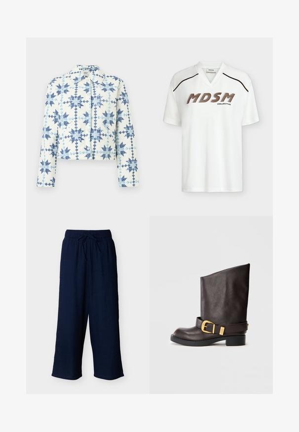 Hvid quiltet jakke med blå geometriske stjernemønstre, trykknapper, lange ærmer og krave.; Hvid T-shirt med korte ærmer og V-hals med brun kant ved skuldrene og teksten "MDSM Collective" i fed brun skrifttype på fronten.; Marineblå bukser med vide ben, elastisk talje og snøre foran, lavet af tekstureret stof.; Mørkebrune læderstøvler til midt på lægen med sort sål, lav hæl og dekorativt guldbuckle-strap rundt om anklen, vist fra siden.