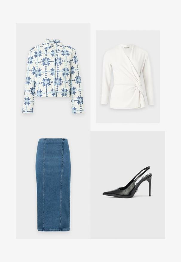 Witte doorgestikte jas met blauwe geometrische sterpatronen, drukknoopsluiting, lange mouwen en een kraag.; Witte blouse met lange mouwen en overslag, V-hals en detail met zijknoop, getailleerde pasvorm, getoond op een effen lichtgrijze achtergrond.; Blauwe denim strakke rok met verticale naden en een hoge taille, vallend onder de knie, weergegeven op een witte achtergrond.; Zwarte lakleren slingback pump met hoge hak, puntige neus, open zijkanten en een slanke hak. Glanzende afwerking met minimale hardware details.