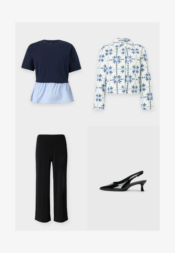 Veste matelassée blanche avec motifs géométriques en forme d'étoiles bleues, boutons-pression, manches longues et col.; Haut à manches courtes bleu marine avec col rond et ourlet basque attaché à rayures verticales bleu clair et blanc.; Pantalon noir à jambes larges avec une ceinture droite et des ourlets retroussés, présenté sur un fond gris clair.; Escarpins en cuir verni noir avec un bout pointu et un petit talon carré. Sangle réglable à la cheville avec boucle.