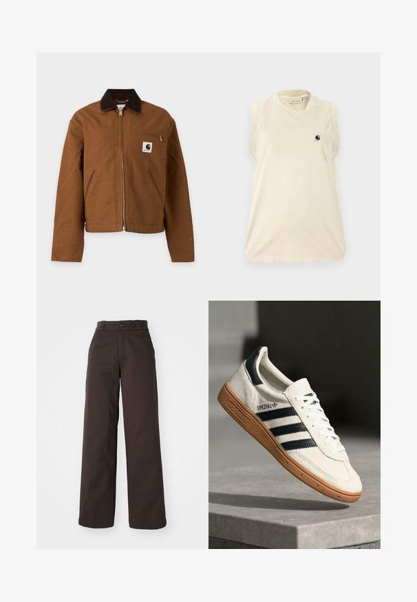 Brun jakke med lynlås, mørkrave, to skrå forlommer og lille brystlomme med lynlås med Carhartt-logo.; Beige ærmeløs Carhartt-top med rund halsudskæring og lille logo på venstre bryst, vist på hvid baggrund.; Brune bredbenede bukser med knaplukning og bæltestropper, lavet af holdbart stof, som har en glat tekstur og rene linjer.; Hvide ruskinds sneakers med marineblå striber, gummisål, struktureret overdel, rund tå og snøring; har branding på siden og tungen.