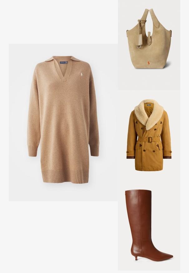 Dobbeltradet beige frakke med bredt cremefarvet fårskindskrave, bælte i taljen, knaplukning ved ærmegab og brune læderkanter på lommer og ærmekanter.; Beige striktrøje med V-hals og polo-krave. Har ribbede manchetter og kant. Broderet logo på venstre bryst. Blød tekstur.; Brun læder knæhøj støvle med spids tå og lav kitten hæl vist mod en ensartet lys baggrund.; Beige ruskindstaske med to buede håndtag, en glat læderdetalje og en orange logo foran. Kompakt og struktureret form.