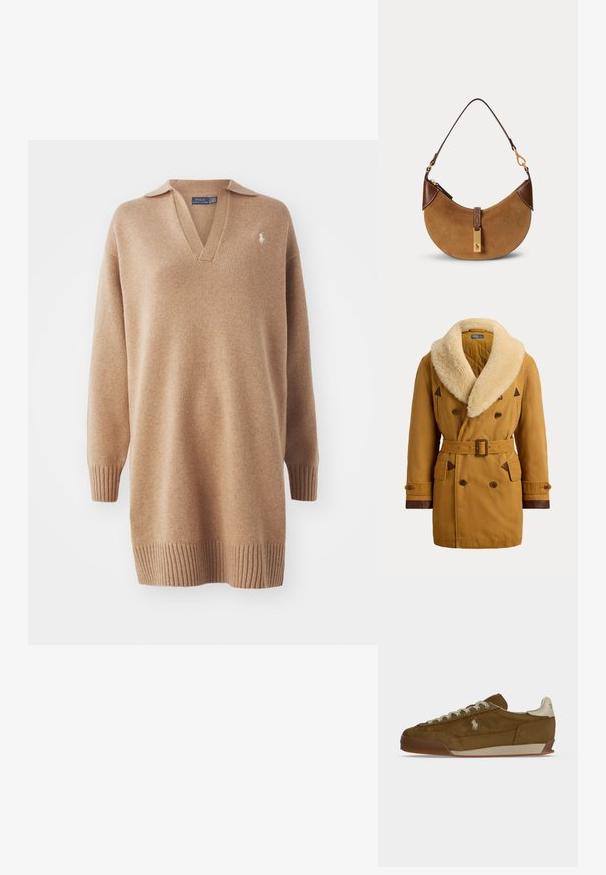Dobbeltradet beige frakke med bredt cremefarvet fårskindskrave, bælte i taljen, knaplukning ved ærmegab og brune læderkanter på lommer og ærmekanter.; Beige striktrøje med V-hals og polo-krave. Har ribbede manchetter og kant. Broderet logo på venstre bryst. Blød tekstur.; Brun ruskind sneaker med cremefarvede snørebånd, tyk sål og et lille hvidt broderet logo på siden.; Brun ruskind halv-måne taske med mørkebrune læderdetaljer, guldfarvet hardware og kort skulderrem.
