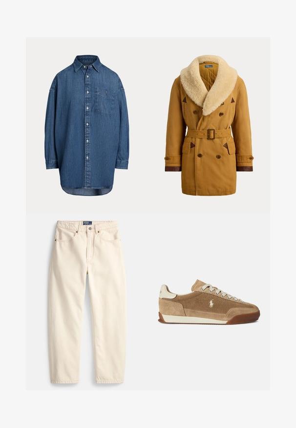 Doppelreihiger beiger Mantel mit weitem cremefarbenem Lammfellkragen, tailliert mit Gürtel, geknöpften Manschetten und braunen Lederbesätzen an Taschen und Ärmelsäumen.; Dunkelblaue Denim-Knopfhemd. Mit einer Brusttasche, langen Ärmeln und einem lockeren Schnitt. Dezente Nähte entlang der Nähte.; Jeans in Cremefarbe aus Denim mit geradem Bein, Fronttaschen und Ziernähten. Metallknopf und Reißverschluss zum Schließen.; Hellbraune Wildleder-Sneaker mit niedrigem Profil, cremefarbenen Akzenten, Schnürdesign und Gummisohle. Mit kleinem Logo an der Seite.