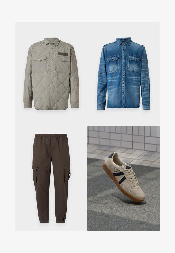 Veste chemise à manches longues matelassée en gris clair, dotée de deux poches poitrine, de boutons-pression et d'un patch texturé avec le logo "REPLAY".; Chemise en denim bleu moyen avec des zones décolorées. Caractéristiques : col pointu, fermeture à boutons sur le devant, et deux poches poitrine avec rabats à boutons.; Pantalons cargo en tissu marron foncé, avec une taille élastique, des jambes fuselées et deux poches latérales avec rabats.; Baskets beiges avec une finition texturée, bandes navy et semelle en caoutchouc. Équipées d'une languette rembourrée et d'un système de laçage traditionnel pour un maintien sécurisé.