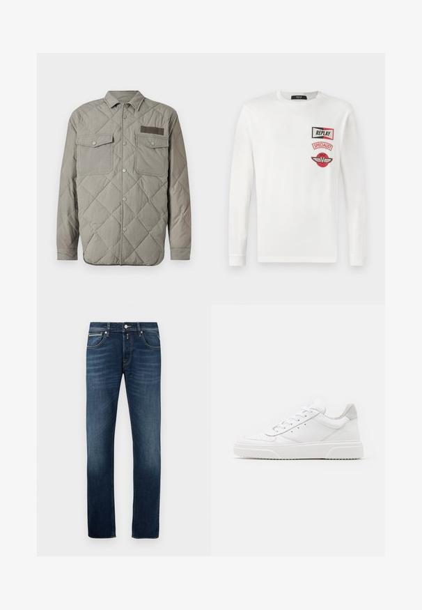 Gepolsterte Langarm-Hemdjacke in Hellgrau mit zwei Brusttaschen, Druckknöpfen und einem strukturierten Patch mit "REPLAY"-Branding.; Weißes Langarmshirt mit drei roten und schwarzen Aufnähern auf der linken Brust: "REPLAY", "SPECIALIST" und ein geflügeltes V-Logo.; Dunkelblaue Gerade geschnittene Jeans mit leichter Ausbleichung an den Oberschenkeln, fünf Taschen und einem metallenen Knopfverschluss an der Taille.; Weiße Leder-Sneaker mit glatter Oberfläche, rundem Zehenbereich, flachen Schnürsenkeln und strukturiertem Schuhsohlen. Graues Wildleder-Detail an der Ferse.