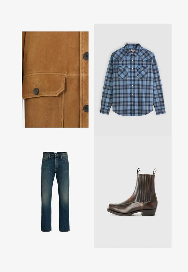 Dichtbij zicht van een tan suède jack met een klepzak, een zwarte knop en zichtbare stiksels.; Overhemd met lange mouwen en knopen, blauw-zwart geruit patroon, twee borstzakken met knopen en een puntige kraag op een witte achtergrond.; Denim jeans met een gemiddeld blauwe wassing, rechte pijpen, een klassiek vijf-pocket ontwerp en lichte vervaging op de dijen voor textuur.; Bordeaux lederen enkelboot met een gladde afwerking, elastische zijpanelen, een ronde neus, decoratieve stiksels en een lage blokhak.