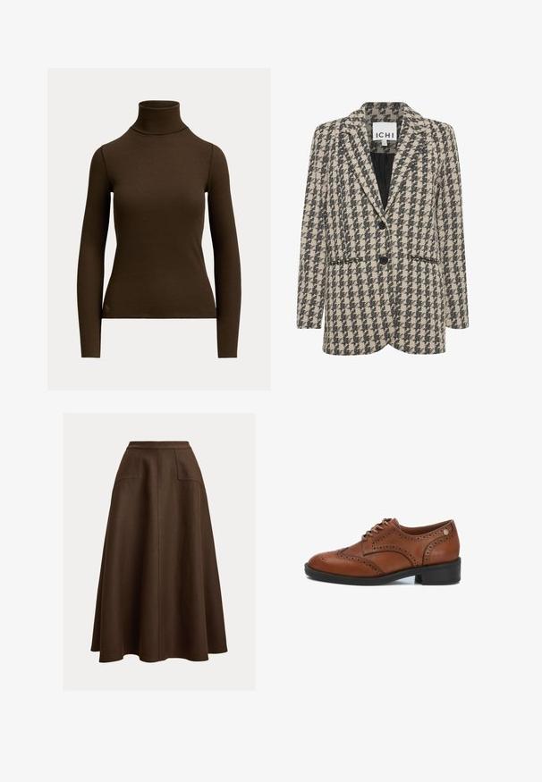 Blazer de tela en patrón de pata de gallo en color beige y negro, con diseño de un solo botón, solapas de muesca y dos bolsillos frontales.; Jersey de cuello alto acanalado de manga larga en marrón oscuro con silueta ajustada y pequeño logo cerca del dobladillo inferior en el lado frontal izquierdo.; Falda línea A de lino marrón con diseño de cintura alta, que cuenta con dos bolsillos delanteros y una textura lisa, que cae por debajo de la rodilla.; Zapatos de cordones de piel marrón con detalles perforados, puntera redondeada y tacón de goma negra. Presentan una textura suave y un diseño discreto.