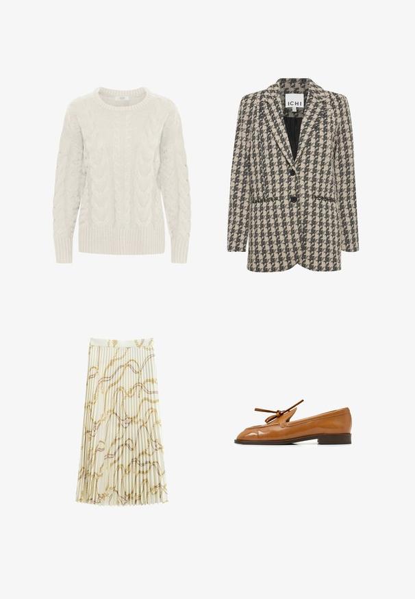 Brun og sort houndstooth-mønstret blazer i stof, med en enkeltknaps design, classique revers og to forlommer.; Lys grå kabelstrikket sweater med rund hals, teksturerede mønstre og ribstrikkede manchetter og kant. Lavet af blødt, chunky garn.; Elfenbensfarvet plisseret midi-nederdel med et guldfarvet og brunt kædeprintmønster, der har en tætsiddende taljekant og en flydende silhuet.; BALAGAN Loafers - caramel